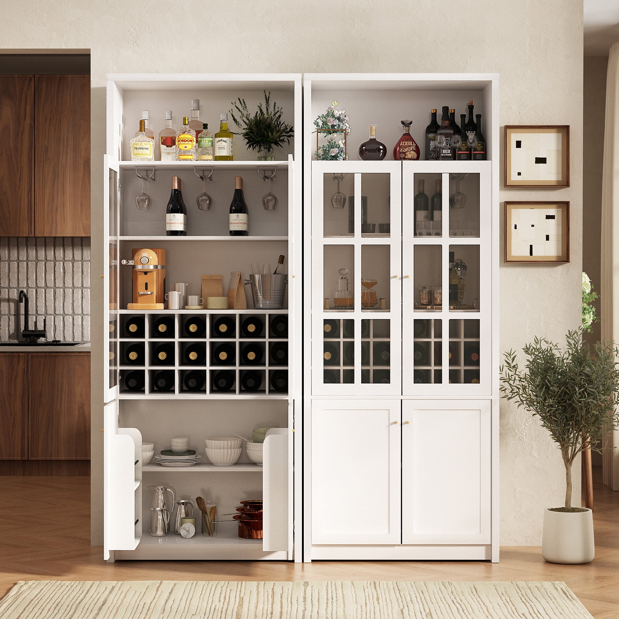 Euroco 78.7" Tall Modern Wine Bar Cabinet with Glass Doors,Coffee Bar Cabinet with 18 Wine Racks, Stemware Rack,Door Storage Shelves & Adjustable Shelves for Kitchen Dining Room,White