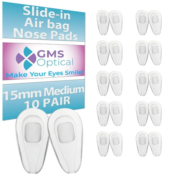 GMS Optical 2.8mm Med-Thick/15mm Medium Length - Air Bag Slide in Silicone Nose Pads for Glasses, Sunglasses, and Eye Wear (10 Pairs)(Clear)