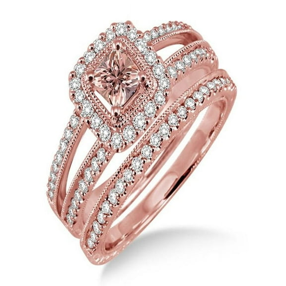 2 Carat Morganite & Diamond Antique Bridal set Halo Ring on 10k Rose Gold