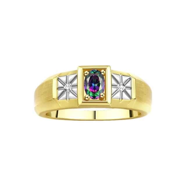 RYLOS Men's Rings 14K Yellow Gold Classic 6X4MM Oval Gemstone & Diamond Ring Alexandrite June Birthstone Rings For Men, Gold Rings Size 9