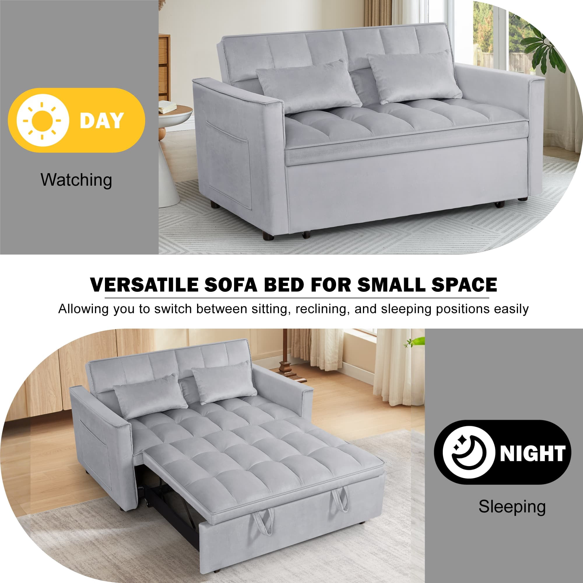 BSHTI 54" Fold out Sleeper Sofa Bed,Convertible Twin-Size Bed,With 3 Angles Adjustable Backres,Velvet Upholstery,Easy Assembly, Light Gray