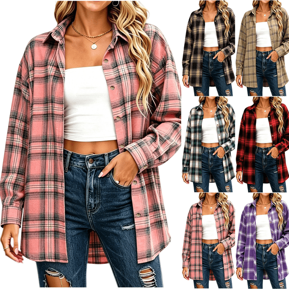 Zeijnsda Womens Plaid Shirts Spring Loose Comfy Checkered Blouse Women's Lapel Button Relaxed Jackets for Daily Commuting Outfits