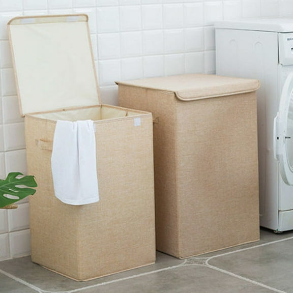 Mobestech Beige Cotton Linen Laundry Hamper with Lid and Handle, Large Multifunctional Storage Basket for Home Organization