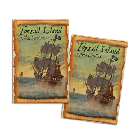 Topsail Island, North Carolina, Pirate Ship (4x6 Birch Wood Postcards, 2-Pack Stationary, Rustic Home Wall Decor)