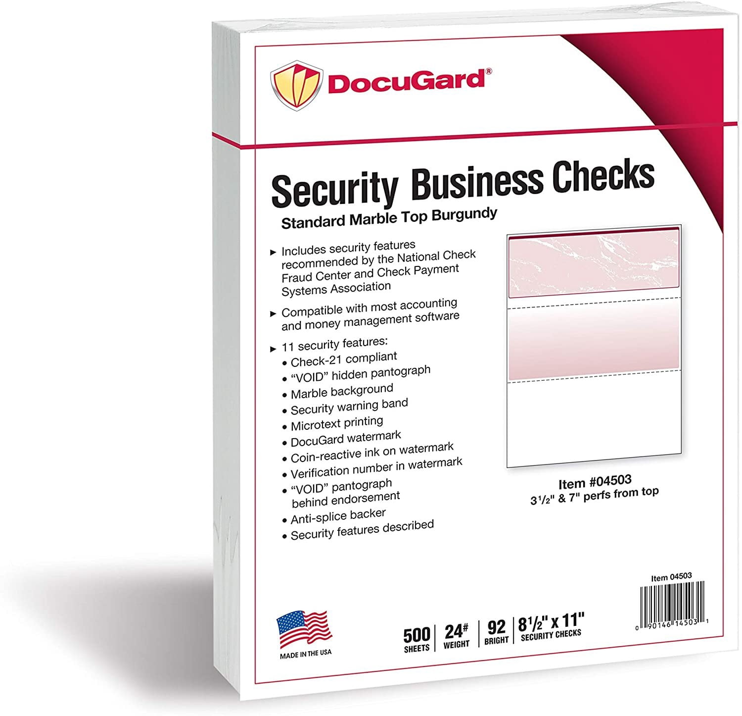 DocuGard Burgundy Marble Top Check, 8.5 x 11 Inches, 24 lb, 500 Sheets, 1 Check Per Sheet 04503