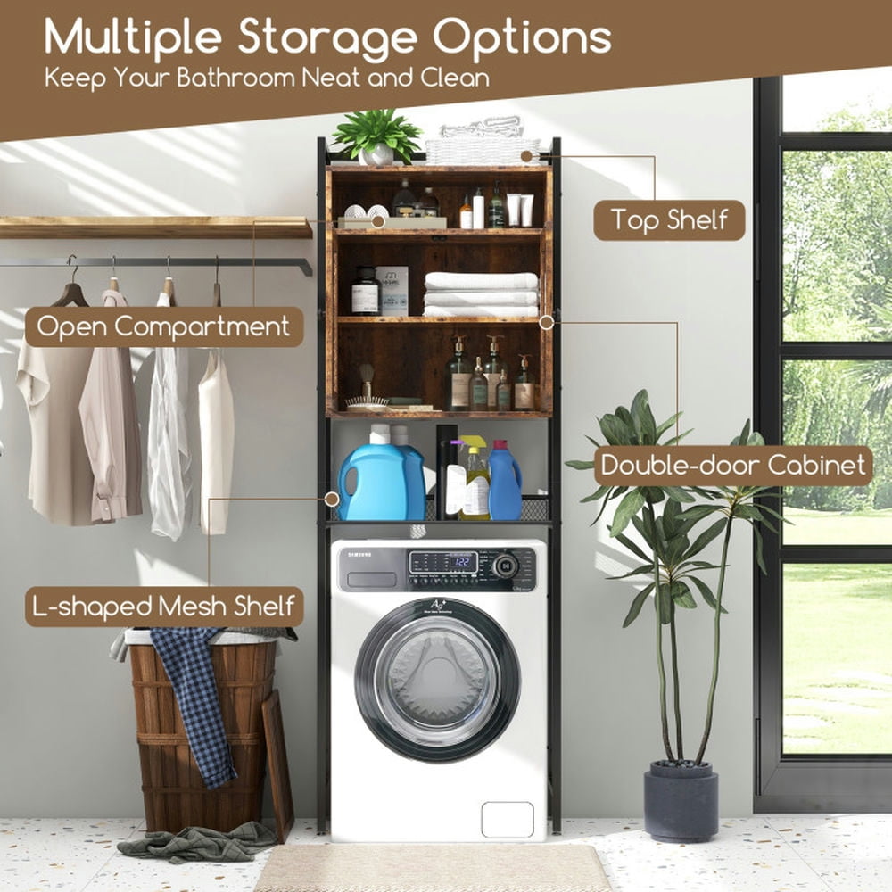 Finihen Toilet Storage Cabinet, Bathroom Cabinet Organizer, Over-The-Toilet Storage Cabinet with Heavy-Duty Metal Frame 2-door Freestanding, for Bathroom, Rustic Brown