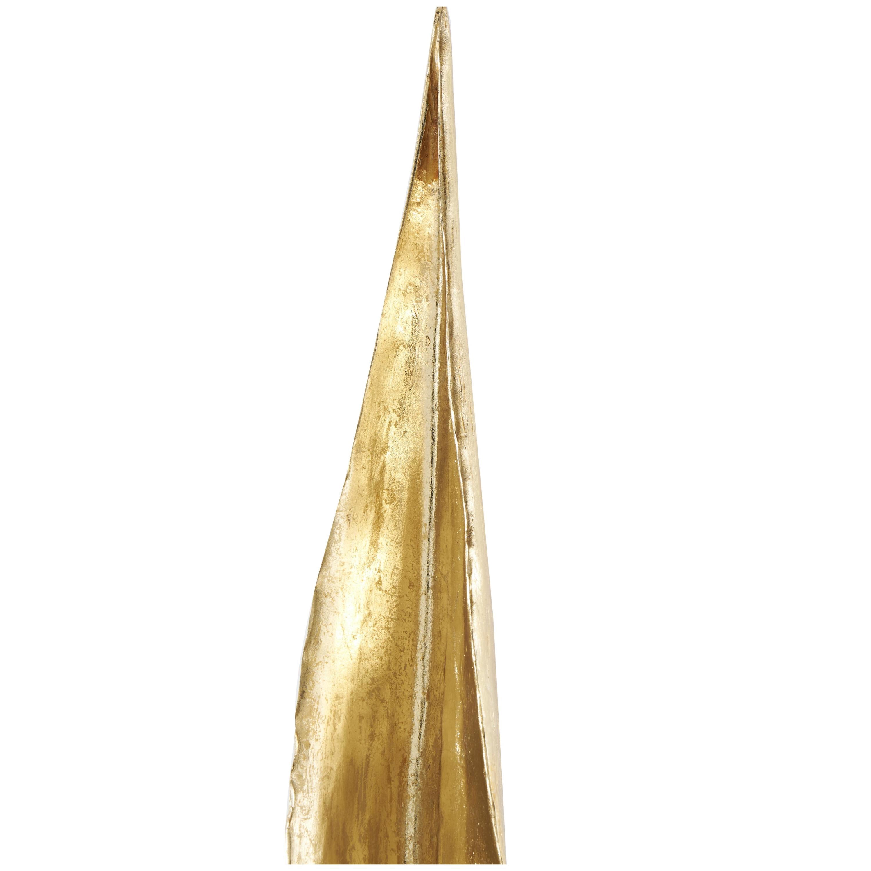 9" x 39" Gold Polystone Slim Abstract Leaf Sculpture with Black Metal Stand, by DecMode