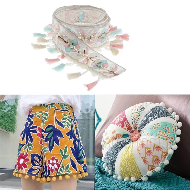 1 yarda de cinta de jacquard étnica con pompones y pompones con pompones, cinta con borlas, pompones de encaje, borlas con lentejuelas para decoración 4 cm de ancho Macarena Cinta de encaje
