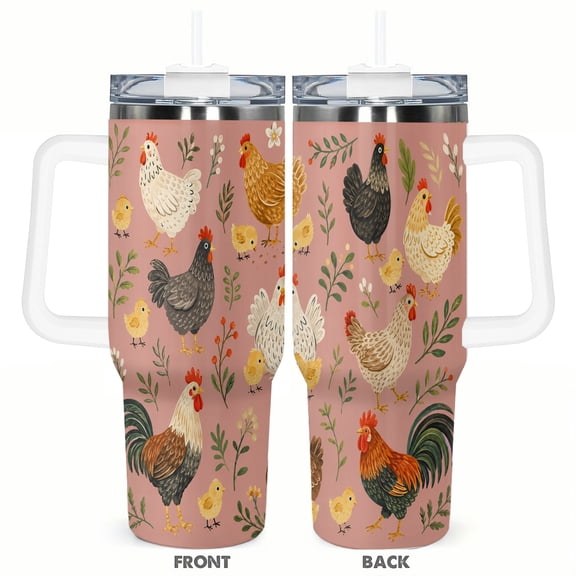40oz Farmhouse Chicken Floral Insulated Tumbler Cute Country Style Car Cup Travel Cup Large Capacity Coffee Cup Gift for Women Men Holiday Gift