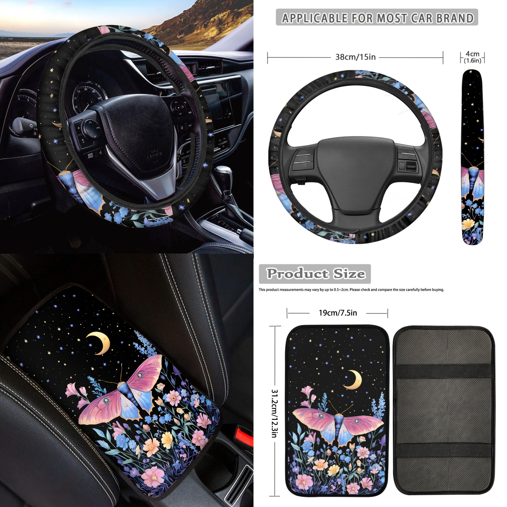 Jeiento Butterfly Car Seat Covers with Floor Mats Steering Wheel Cover Armrest Pad Seat Belt Cover Moon Flower Keychain Coasters Lipstick Holder for Sedan SUV Auto Accessories Set 17 PCS