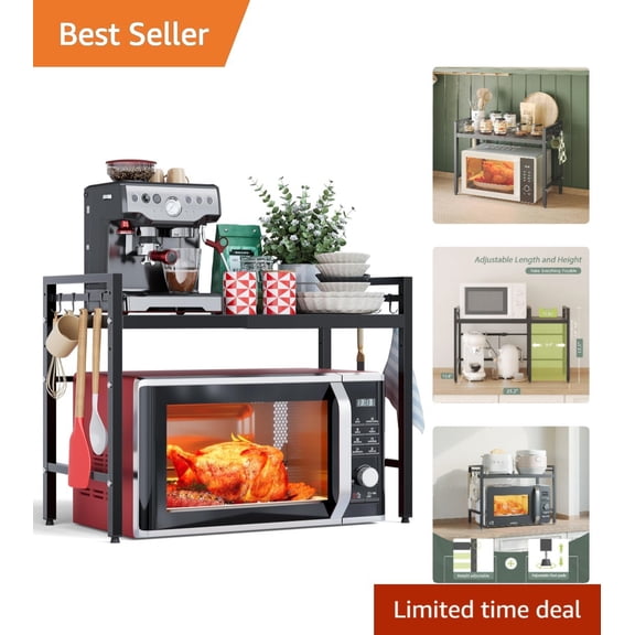 Expandable 2-Tier Microwave Stand: Durable Carbon Steel Kitchen Organizer