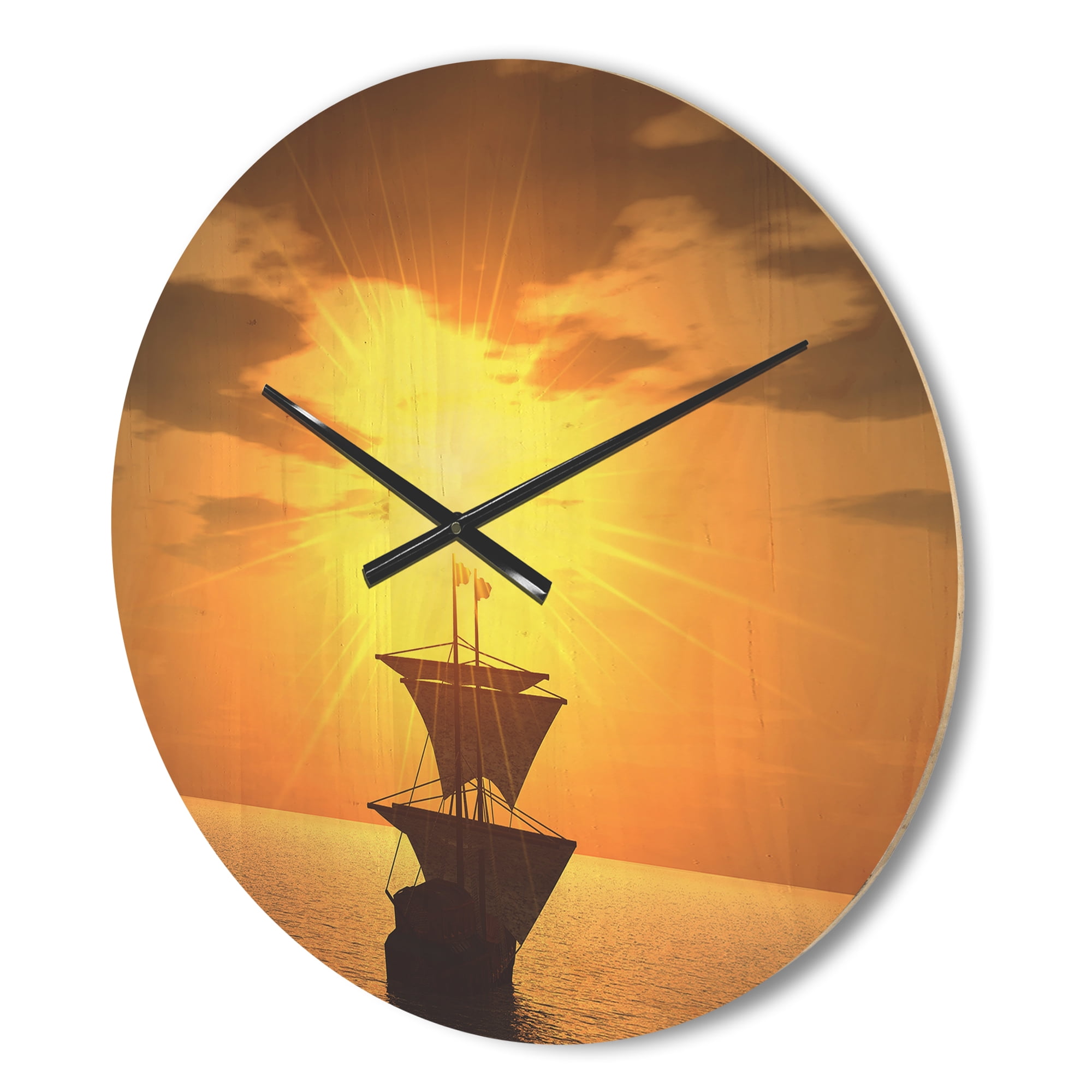 Designart 'Sunset and Ship' Modern Wood Wall Clock