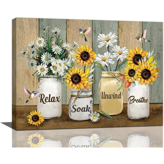 Bathroom Sunflower Daisy Wall Art Farmhouse Yellow Floral Relax Soak Unwind Sign Canvas Wall Decor Country Rustic Flower Hummingbird Pictures Prints Painting Framed Artwork for Bathroom 12"x16"