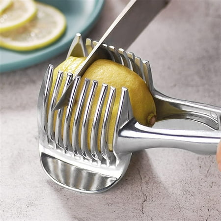 

Tutuviw Stainless Steel Slicer Tomato Slicer Lemon Cutter Multipurpose Handheld Round Fruit Tongs Stainless Steel Kitchen Cutting Aid Holder Tools 1Pcs