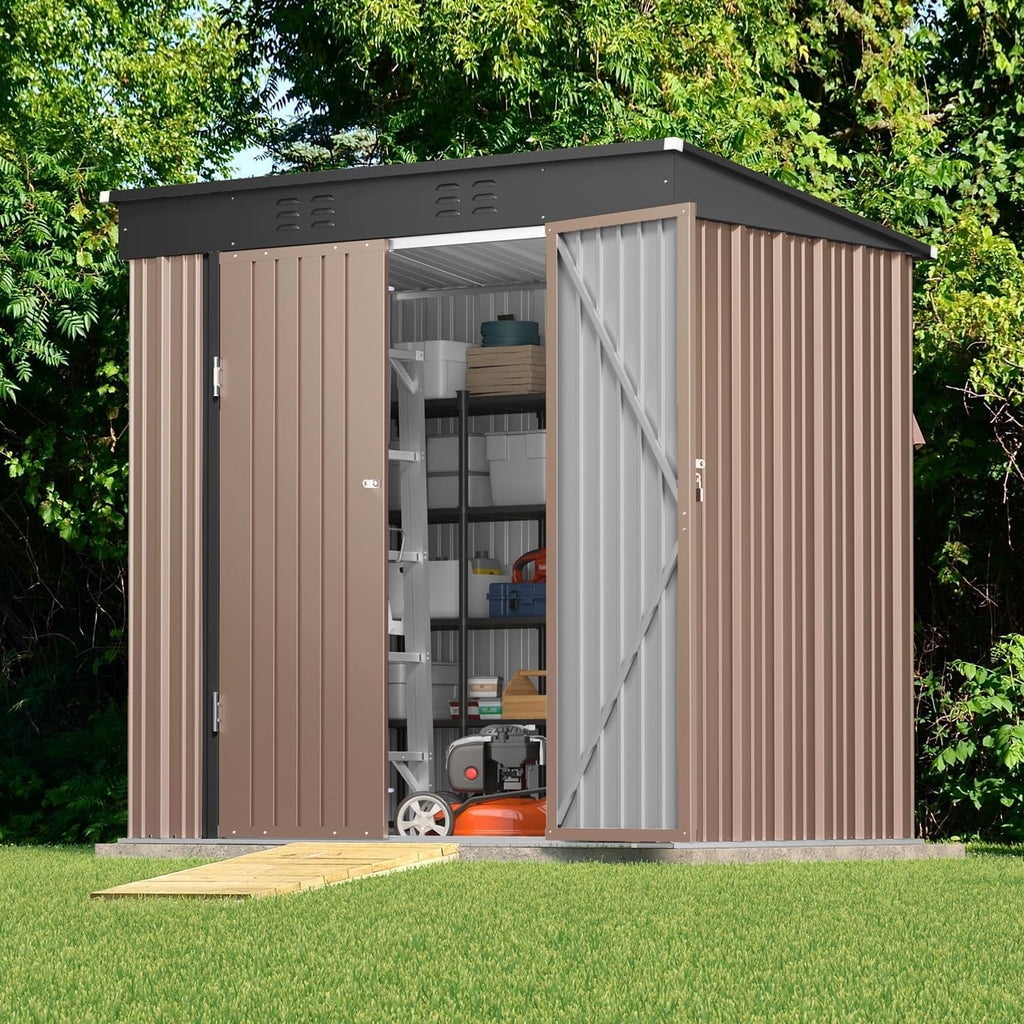 6' x 4' Outdoor Storage Shed with Lockable Doors, Aiho Metal Garden Shed, Sheds & Outdoor Storage for Backyard, Garden & Patio Organization - Light Brown