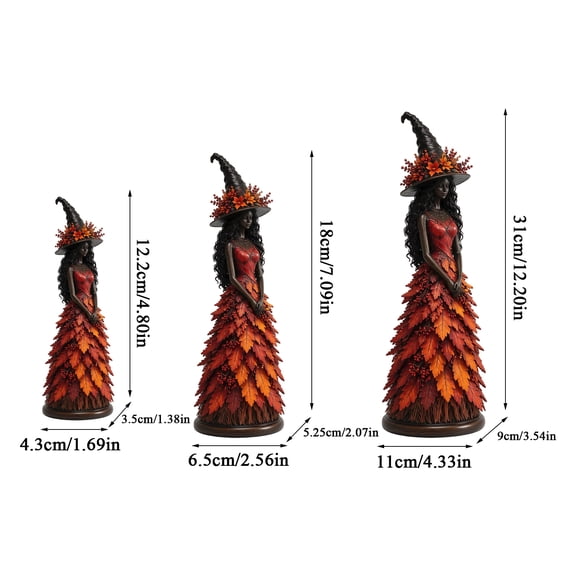 Enchanted Autumn Witch Figurine, Seasonal Resin Fall Witch Halloween Tabletop Statue With Leaf Gown, Farmhouse Decor for Mantel Shelf Indoor Home