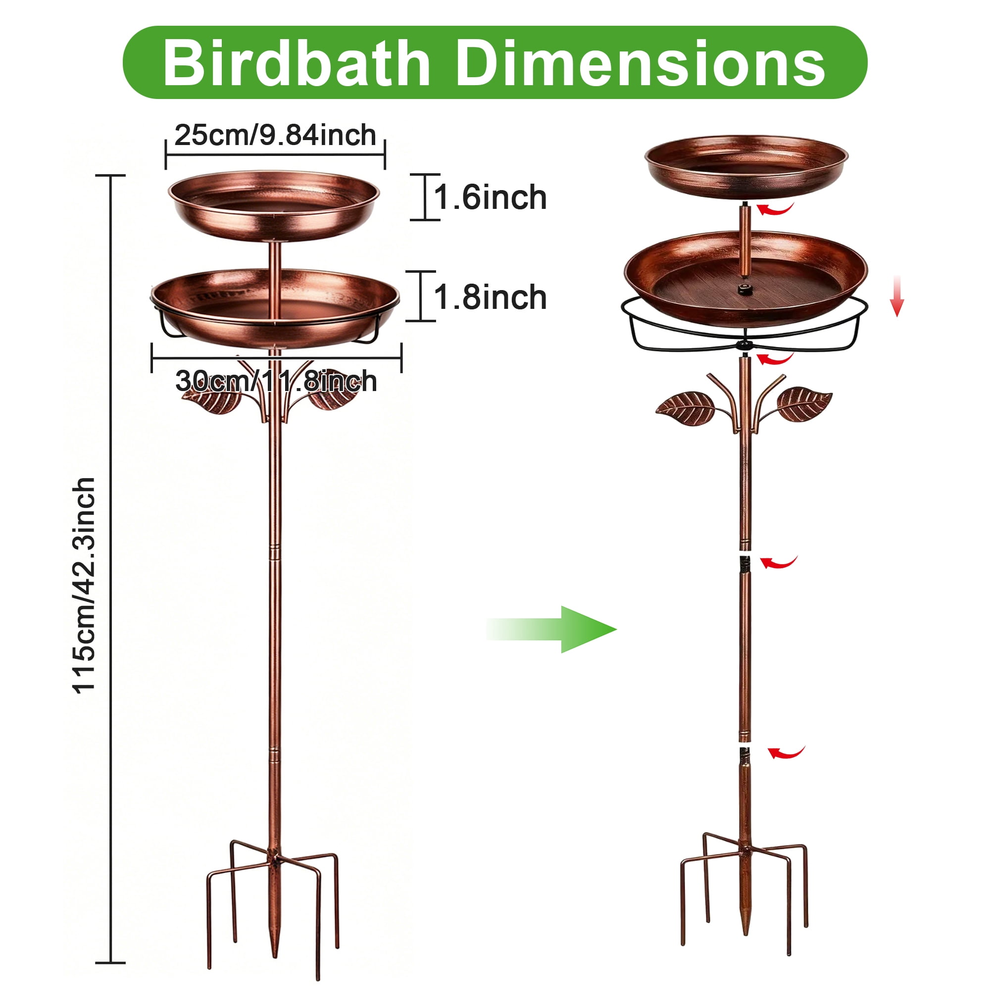 Bird Bath, 42In 4-Pronged Base Birdbaths for Outside, Double Metal Bird Bath & Feeder Bowls for Garden, Window, Patio, Yard & Lawn Decor, Ideal Gift for Bird Lovers