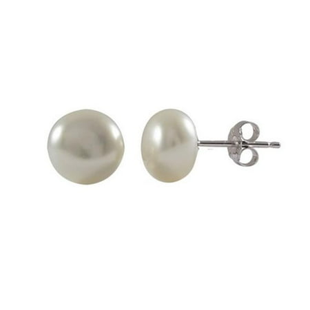 Ss Marcasite Pearl - 8 mm Flat White Fresh Pearl & Rhodium Plated Sterling Silver Post Stud Earrings