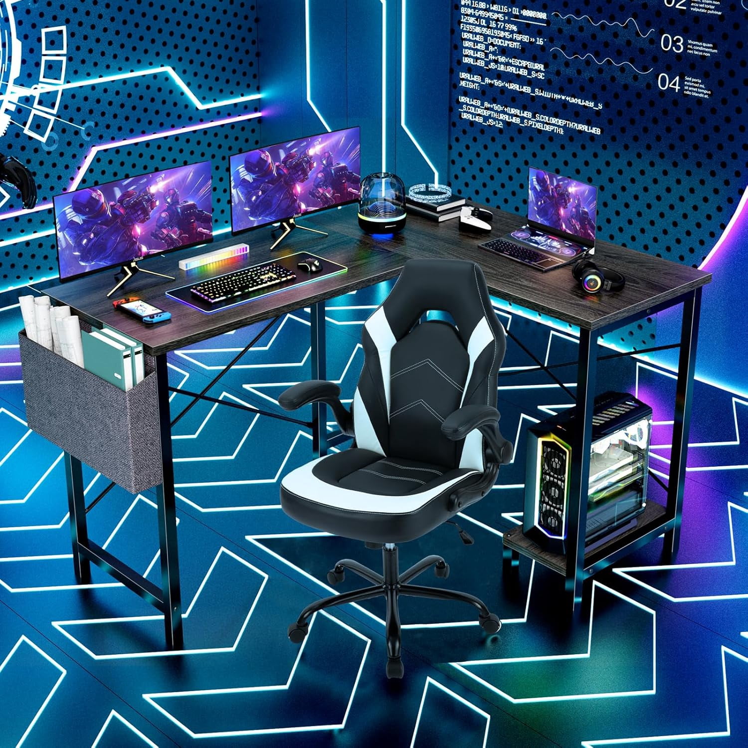 Bigleap L Shaped Computer Desk - Gaming Table Corner Desk 50 Inch PC White Writing Desk Study Desks with Wooden Desktop CPU Stand Side Bag Reversible for Home Office Room Small Space, Gray