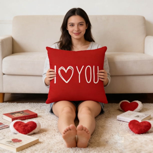 Funda de almohada de lino con estampado de corazones y letras | Funda de cojín decorativa para sofá o cama | Funda de almohada cuadrada de 45x45 cm