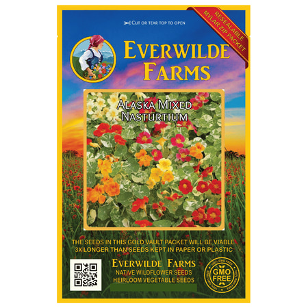 Nasturtium Seed Packet Everwilde Farms - 25 Alaska Mixed Nasturtium Garden Flower Seeds - Gold Vault Jumbo Bulk Seed Packet ()