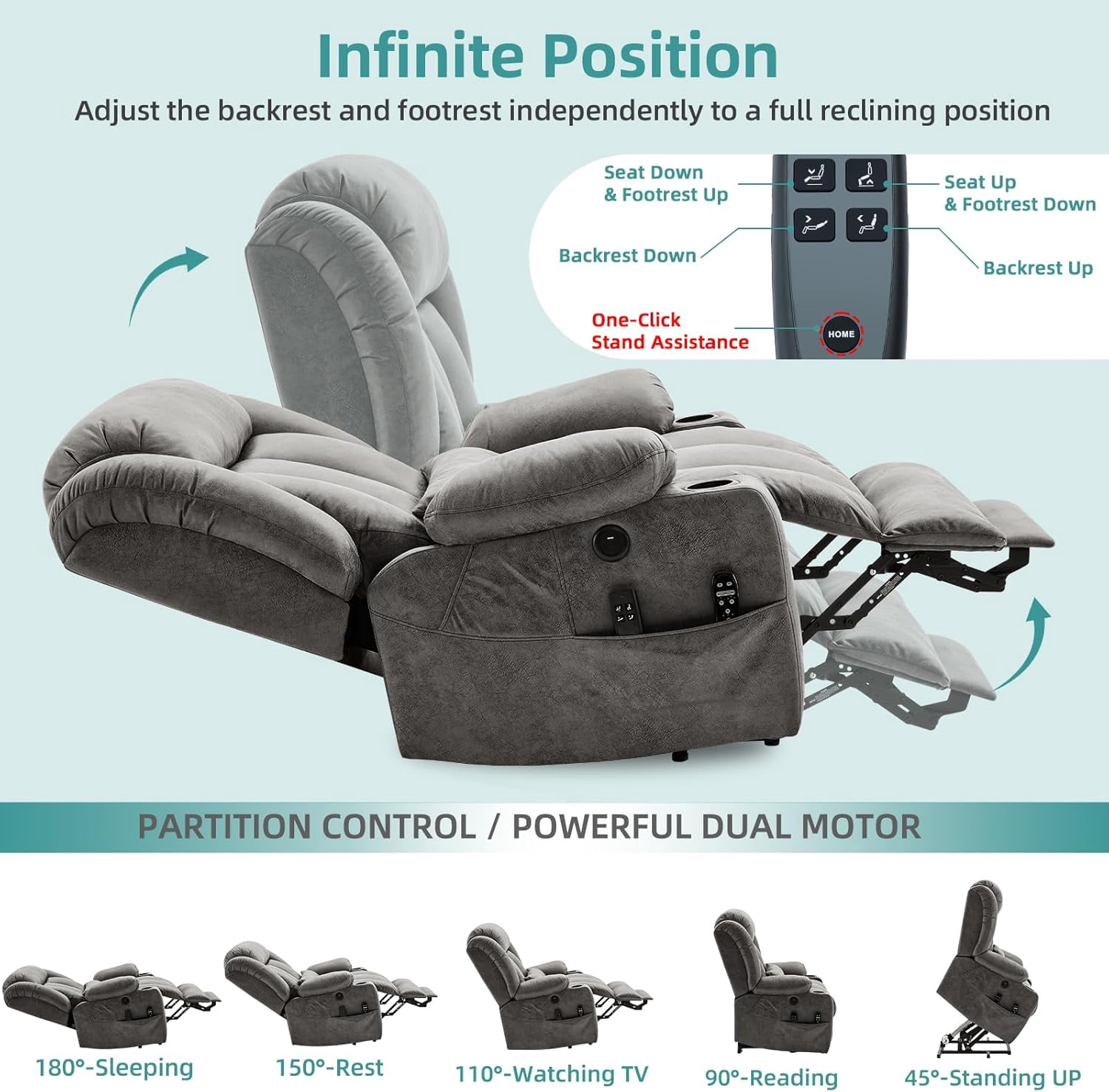 MEETWARM Oversized Dual Motor Lay Flat Power Lift Recliner Chair for Big Elderly with Heat Massage, Large Sleeping Electric Recliner with Extended Footrest, Lumbar Pillow, USB & Type-C Ports, Gray