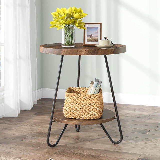 Tribesigns Round Side Table, 2-Tier End Table with Metal Legs, Modern Industrial Beside Table, Small Accent Table Snack Table for Living Room, Bedroom, Small Space, Easy Assembly, Brown