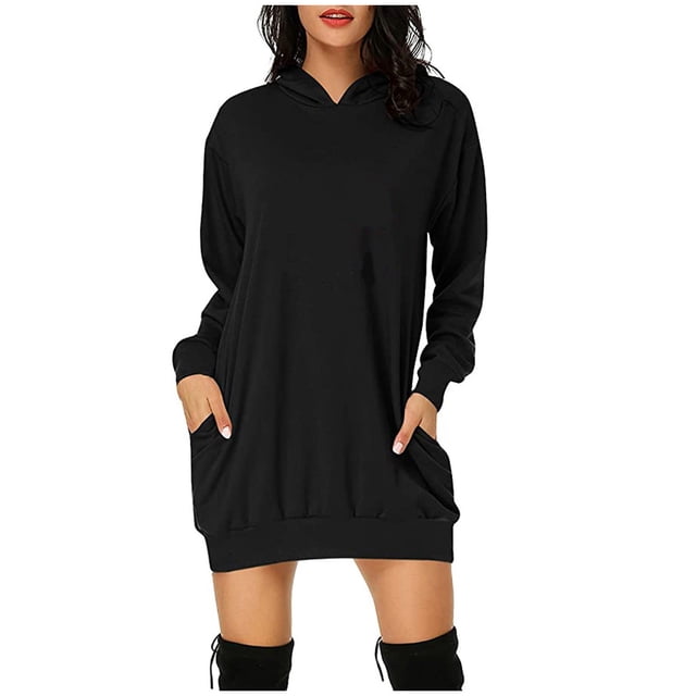 Robe Chandail à Capuchon Mode Femmes Robe à Capuchon Unie Manches Longues Poches Robe Chandail Courte