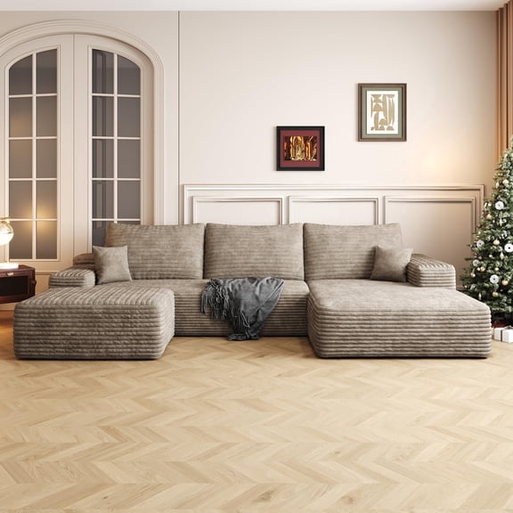 ODUWA 108" U-Shaped Modular Sectional Sofa, Plush Corduroy Couch with Deep Seats, Ready-to-Use, Camel