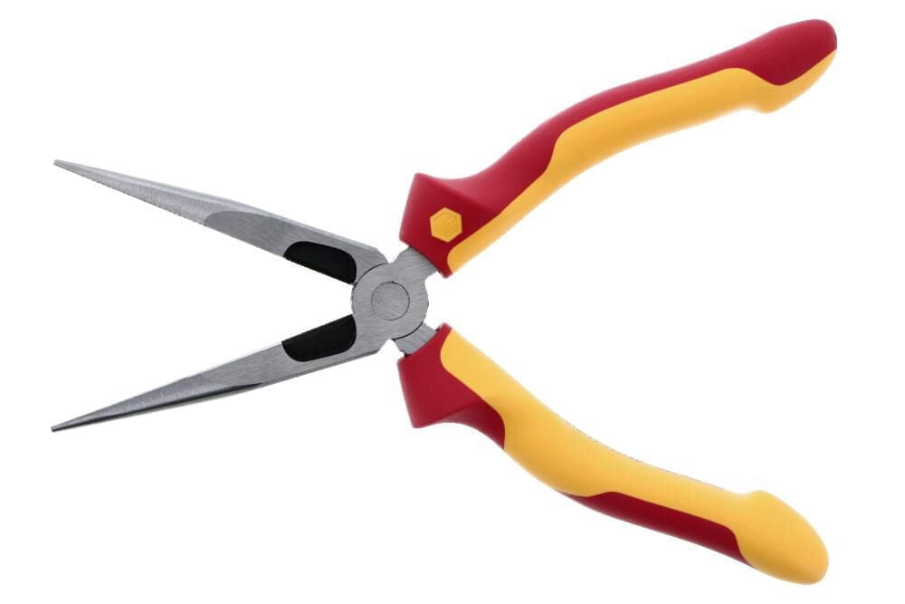 Wiha Tools Insul. Industrial Long Nose Pliers w/ Cutter 8" OAL. Industrial brushed finish. Two component ergo cushion grips.