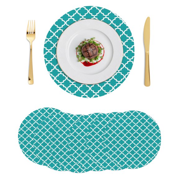 Round Placemats White Geometric 15 inch Set of 6 Table Mats for Dining Table Minimalist Morocco Pattern Aqua Heat Resistant Non-Slip Kitchen & Home Decorative Place Mat Set