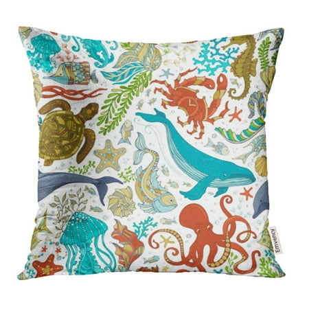 - CMFUN Wild Sea Life Cartoon Octopus Whale Dolphin Turtle Fish Starfish Crab Shell Pillowcase Cushion Cases 20x20 inch