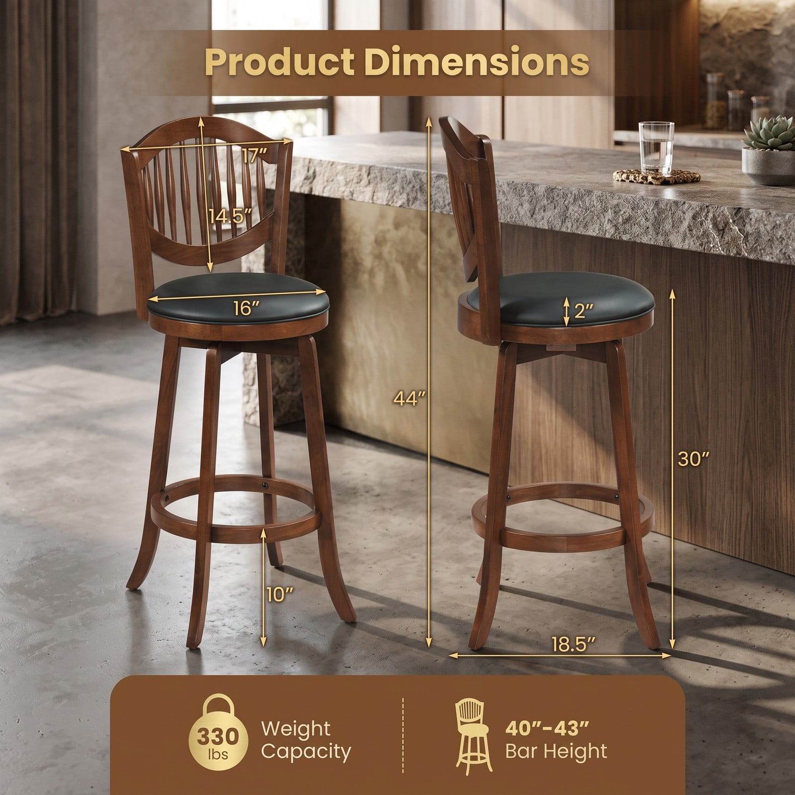 Furnibear Swivel Bar Stools Set of 2, 30 Inch 360 Degree Rotating Barstools with Curved Backrest, Footrest and Solid Rubber Wood Frame, PVC Leather, Espresso and Black