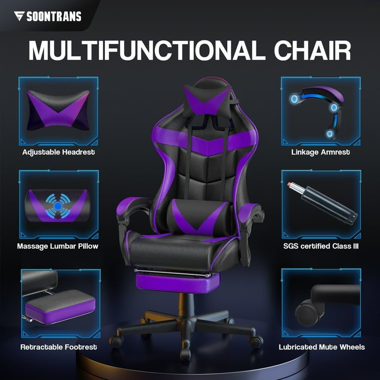 Soontrans Gaming Chair with Footrest, Ergonomic Lumbar Massage Pillow Chair,  PU Leather Office Chair, Purple 