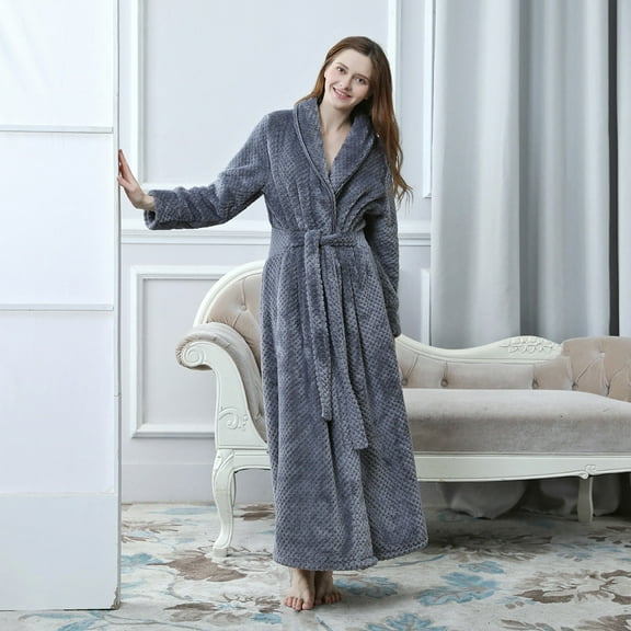Dyfzdhu Long Robes for Women Solid Color Soft Warm Winter Fleece Bathrobe Belted Pajamas