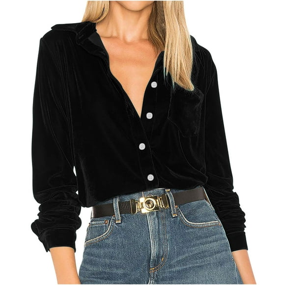 AherBiu Womens Velvet Top Casual Long Sleeve Button down Shirts Vintage Spring Loose Blouses Clothes