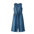 thumbnail image 4 of KIHOUT Women's Sleeveless V-Neck Button Front Jumpsuit with Drawstring Waist - Casual Wide Leg Denim-Like Romper with Pockets for Summer, 4 of 4
