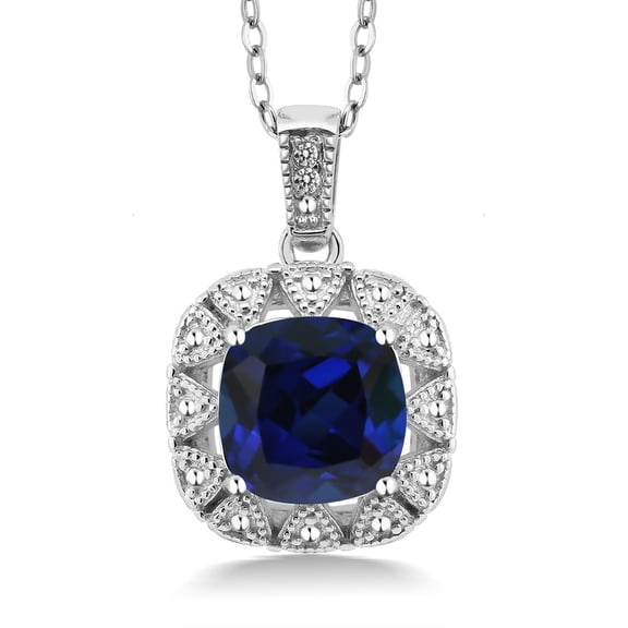 Gem Stone King 925 Sterling Silver Blue Created Sapphire and White Diamond Pendant Necklace for Women (2.51 Cttw, Gemstone September Birthstone, Cushion 8MM, with 18 inch Chain)