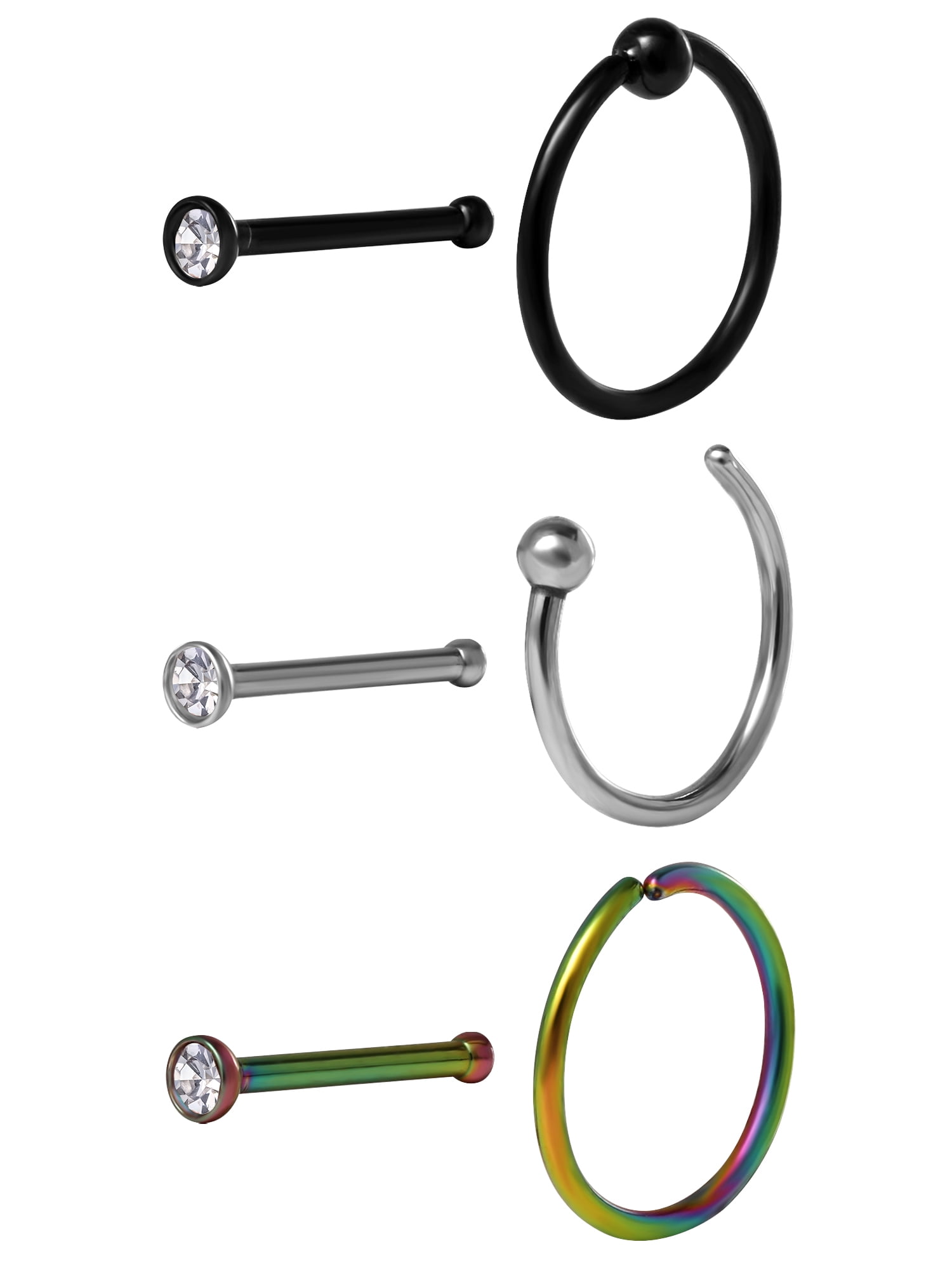 Body Jewelry Adult Women's Stainless Steel 316L 20G Crystal Nose and Hoop Set, 6 Pack