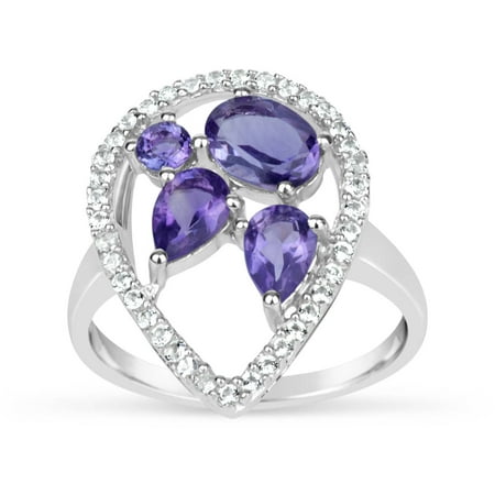 Amethyst and White Topaz Sterling Silver Multiple-Shape Open Pear-Shaped Ring