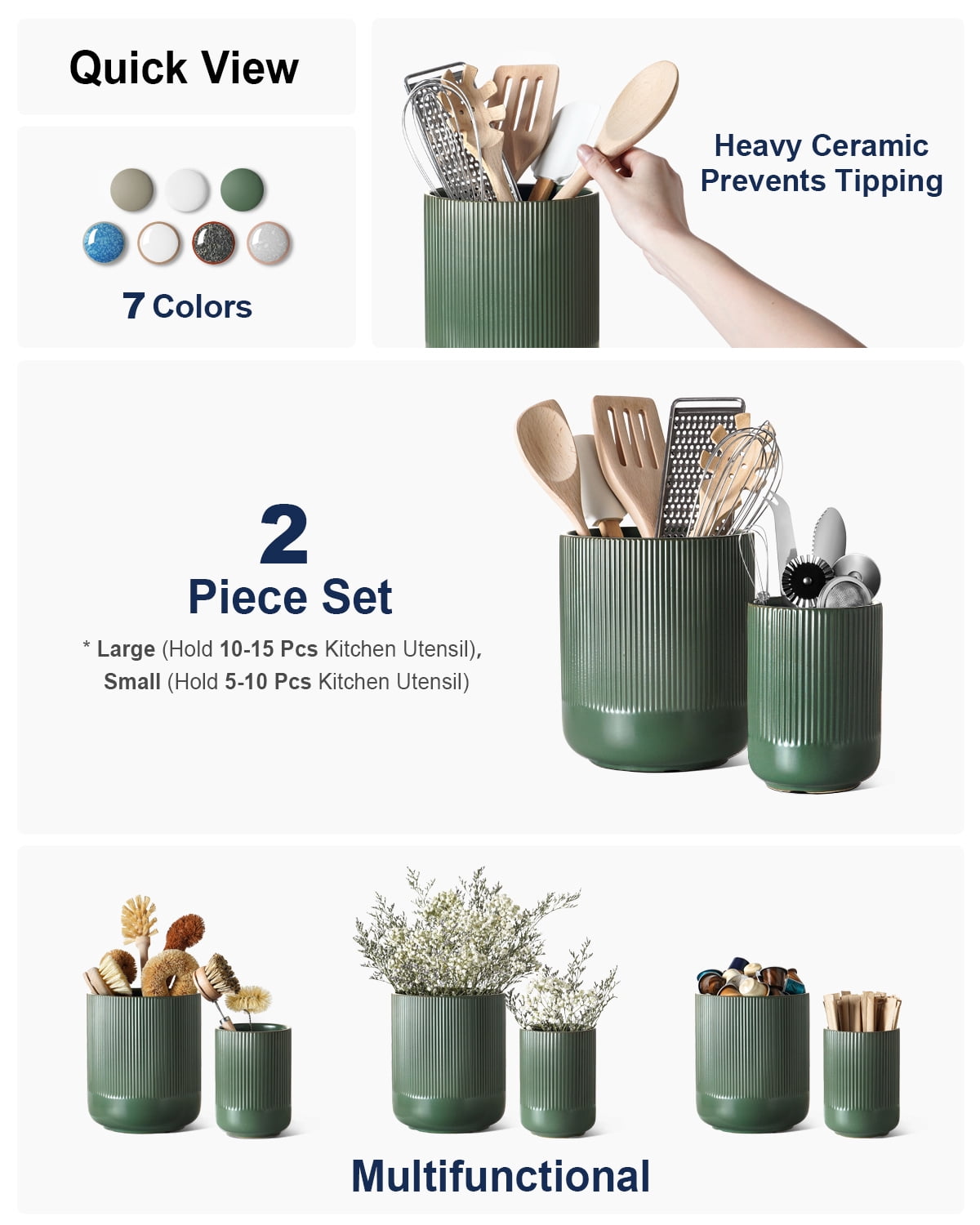 LE TAUCI Set of 2 Ceramic Utensil Holders, Large and Small Kitchen Crocks for Cooking Utensils, Countertop Organizer & Decorative Vase, Forest Green Utensil Holder