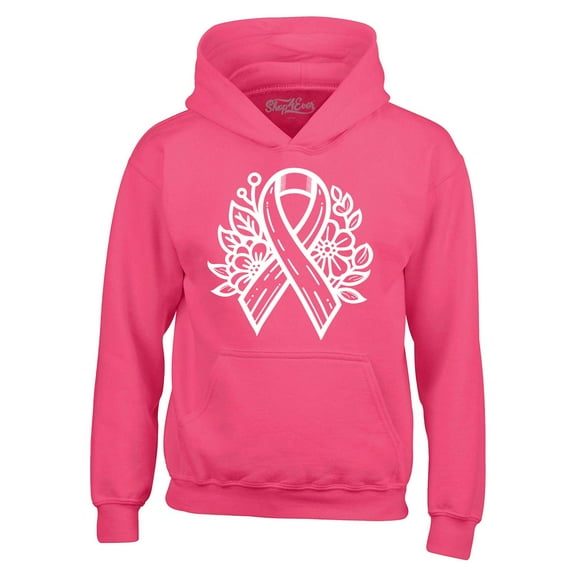 Shop4Ever Men's Breast Cancer Ribbon Flowers Hooded Sweatshirt Hoodie Large Heliconia Pink
