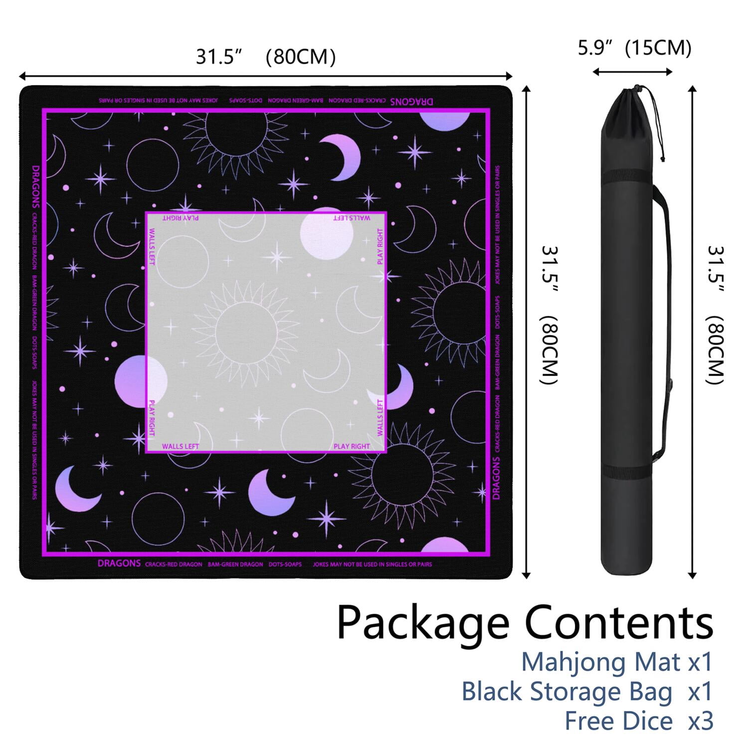 Purple Mahjong Mat with Rules, 31.5*31.5in Anti Slip American Mahjong Mat for Table, Noise Reduction, Neoprene Mah jongg Mats with Carrying Bag & 3 Dices, Mahjong Set Gift, Board Tile Games Mats