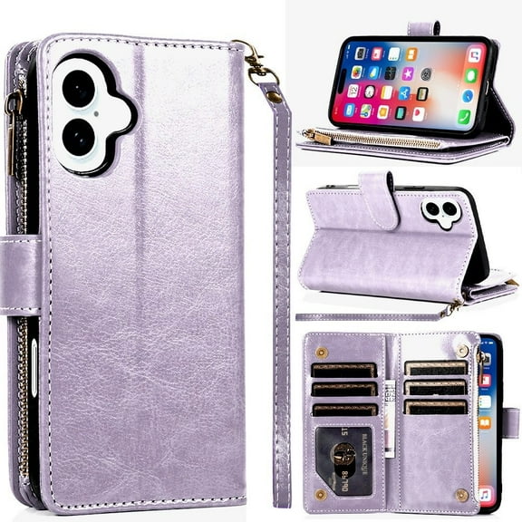 TJS for iPhone 16 Phone Case, Luxury Wallet Card ID Zipper Money Holder Cover (Lavender)