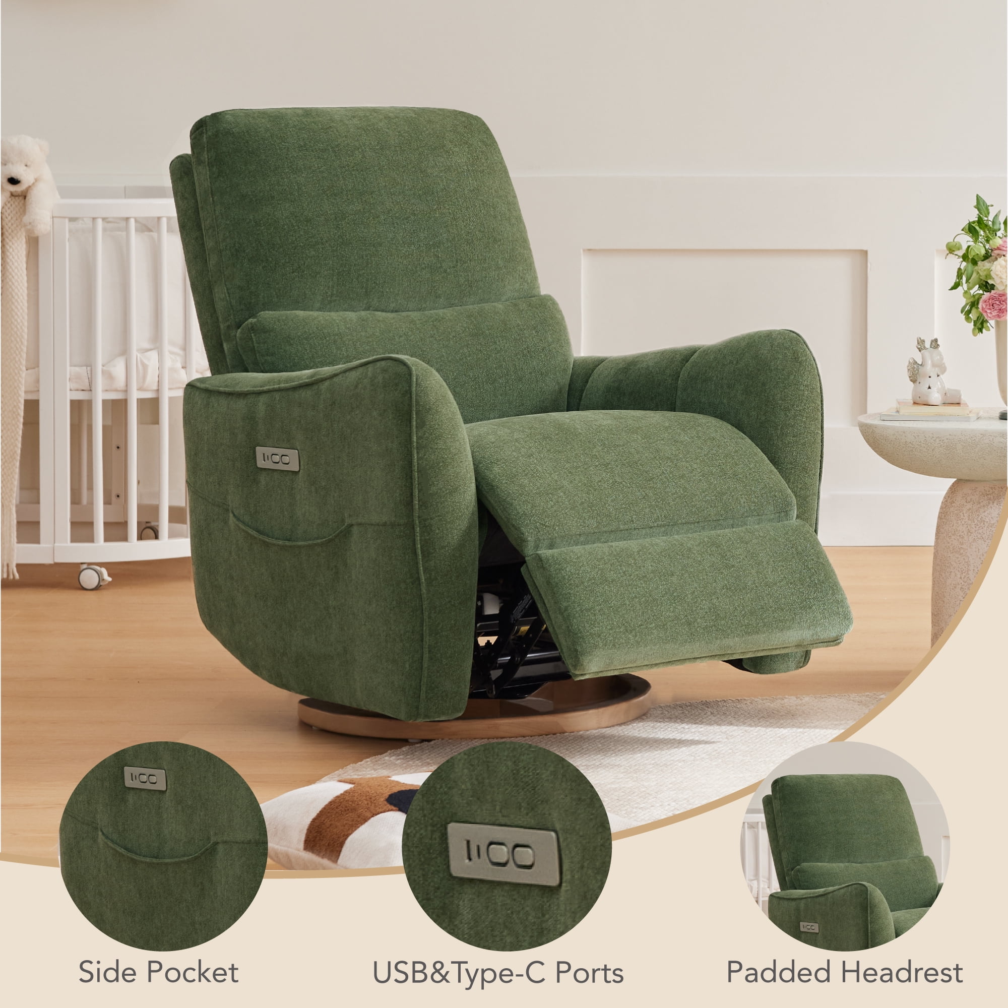 Spruce & Spring Chenille Fabric Swivel Glider Recliner with Lumbar Pillow for Nursery & Living Room, Green