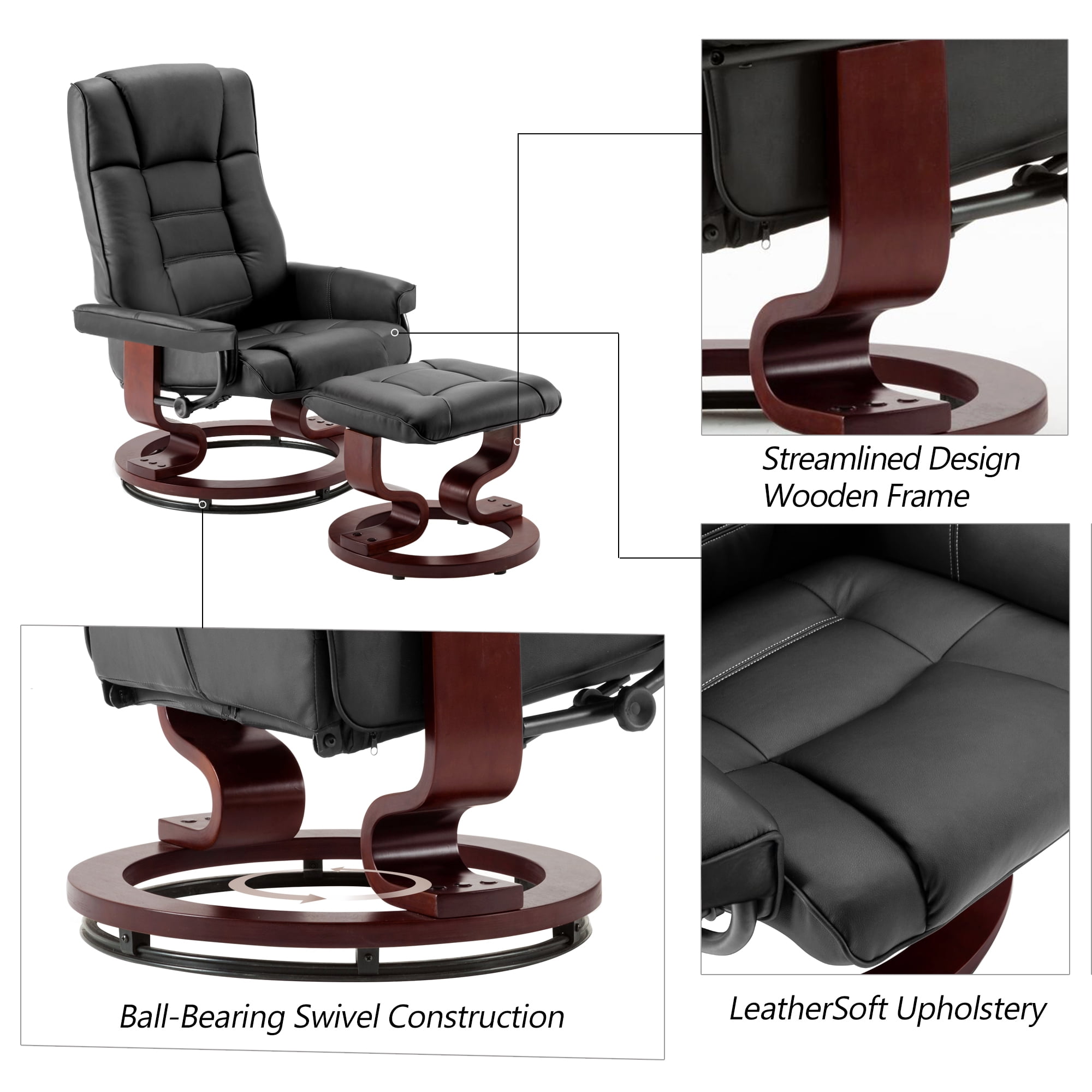 MCombo Swivel Recliner Chair with Wood Base and Ottoman, Faux Leather