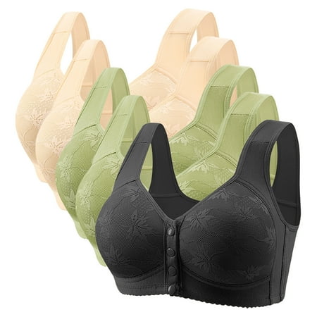 RYRJJ 5 Pack Bras for Women Full Coverage Front Closure No Underwire Bralette Front Easy Close Bra for Seniors Push up Wireless Bra