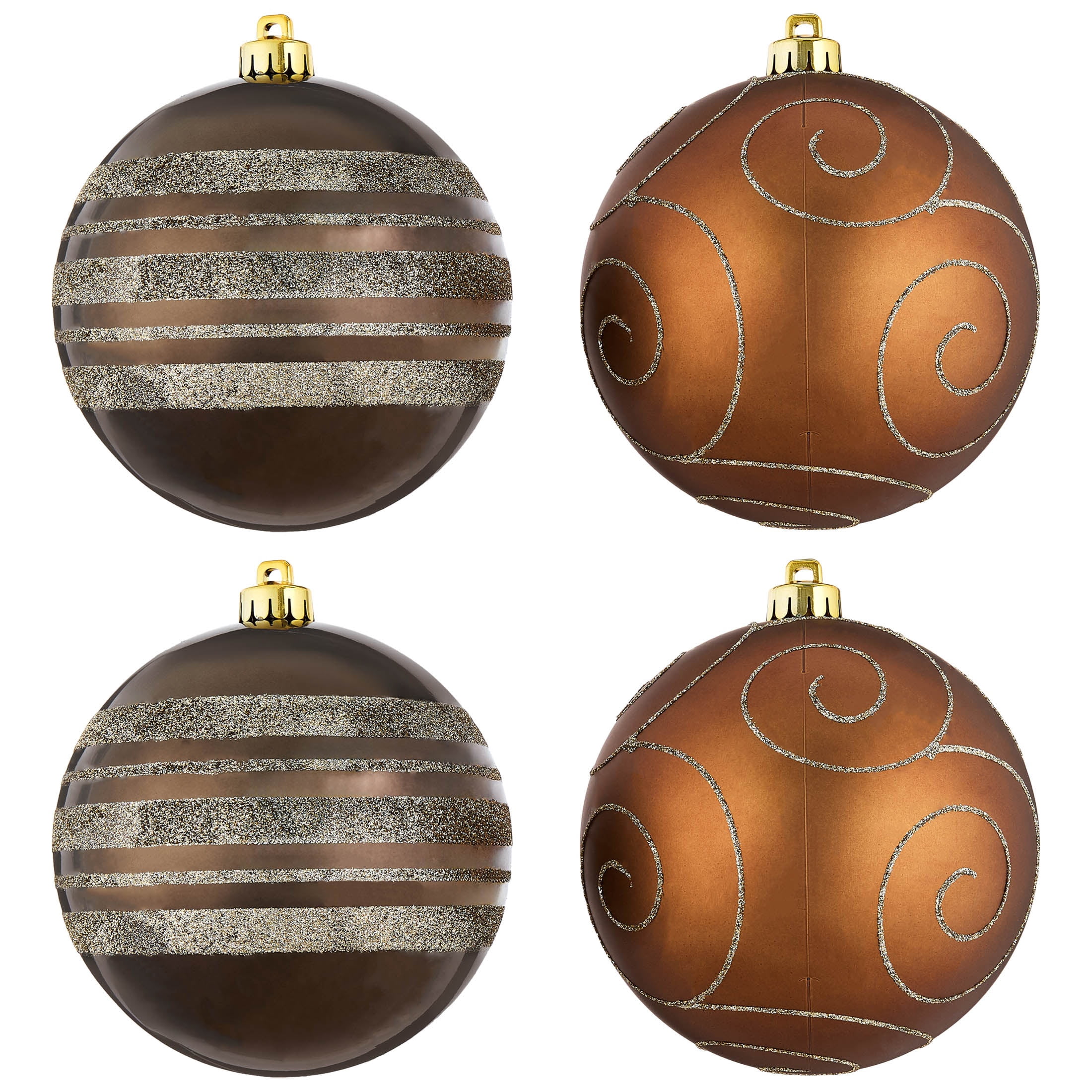 4-Count Bronze/Brown/Champagne Glitter Ball Shatterproof Christmas Ornaments, 6", by Holiday Time