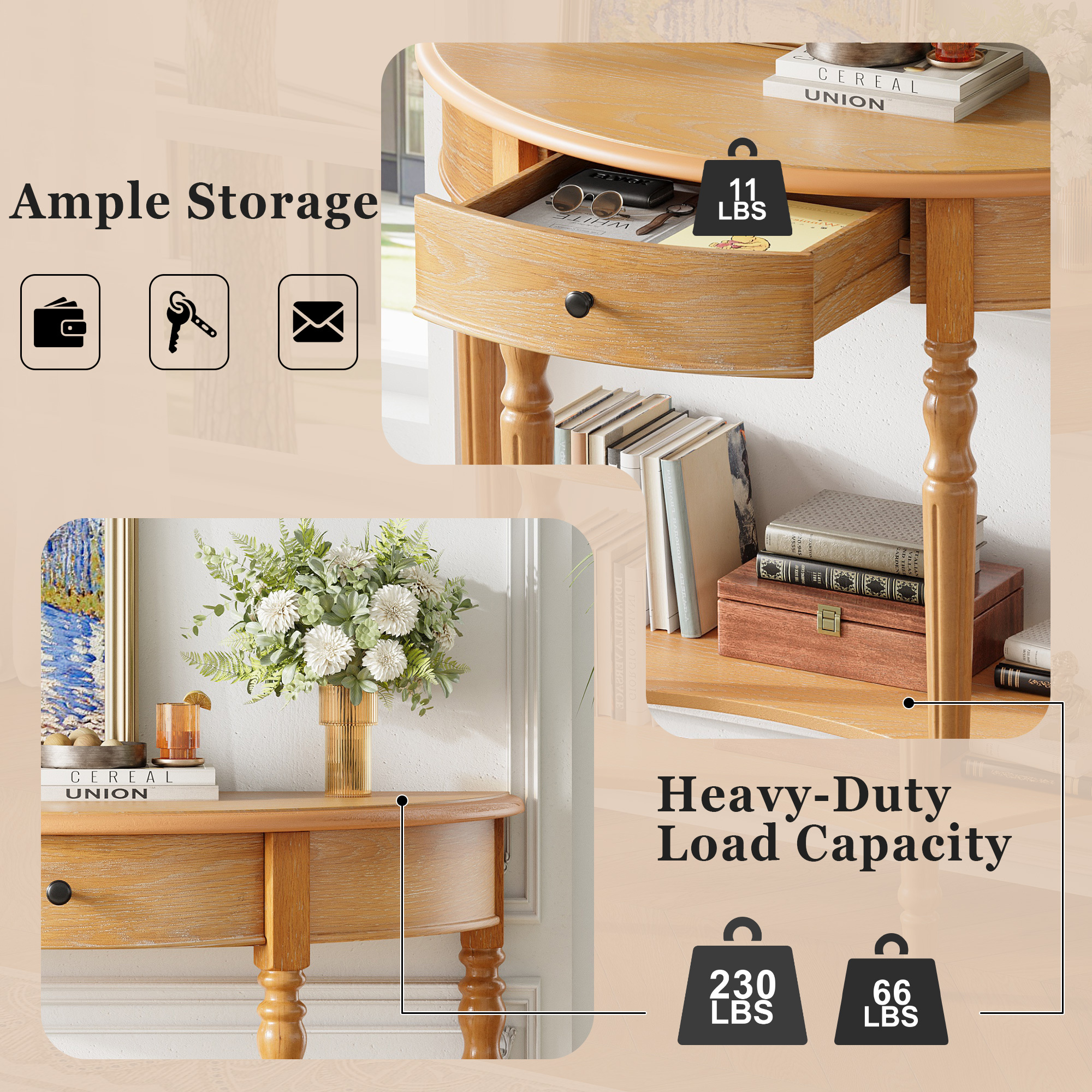 Euroco Farmhouse Half Moon Console Table, Narrow Sofa Table with Storage Shelf & 1 Drawer ,Wood Entryway Table Accent Table for Living Room, Hallway and Foyer,Natural