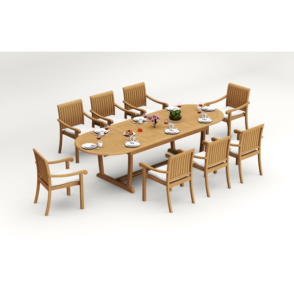 9-Piece Teak Dining Set: 117" Oval Extendable Table   8 Napa Stacking Arm Chairs